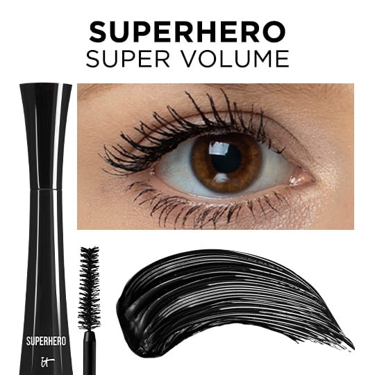 The text, "Superhero. Super volume," over images of a tube of IT Cosmetics Superhero mascara, a mascara brush, a close-up of an eye with mascara, and a swipe of black mascara.